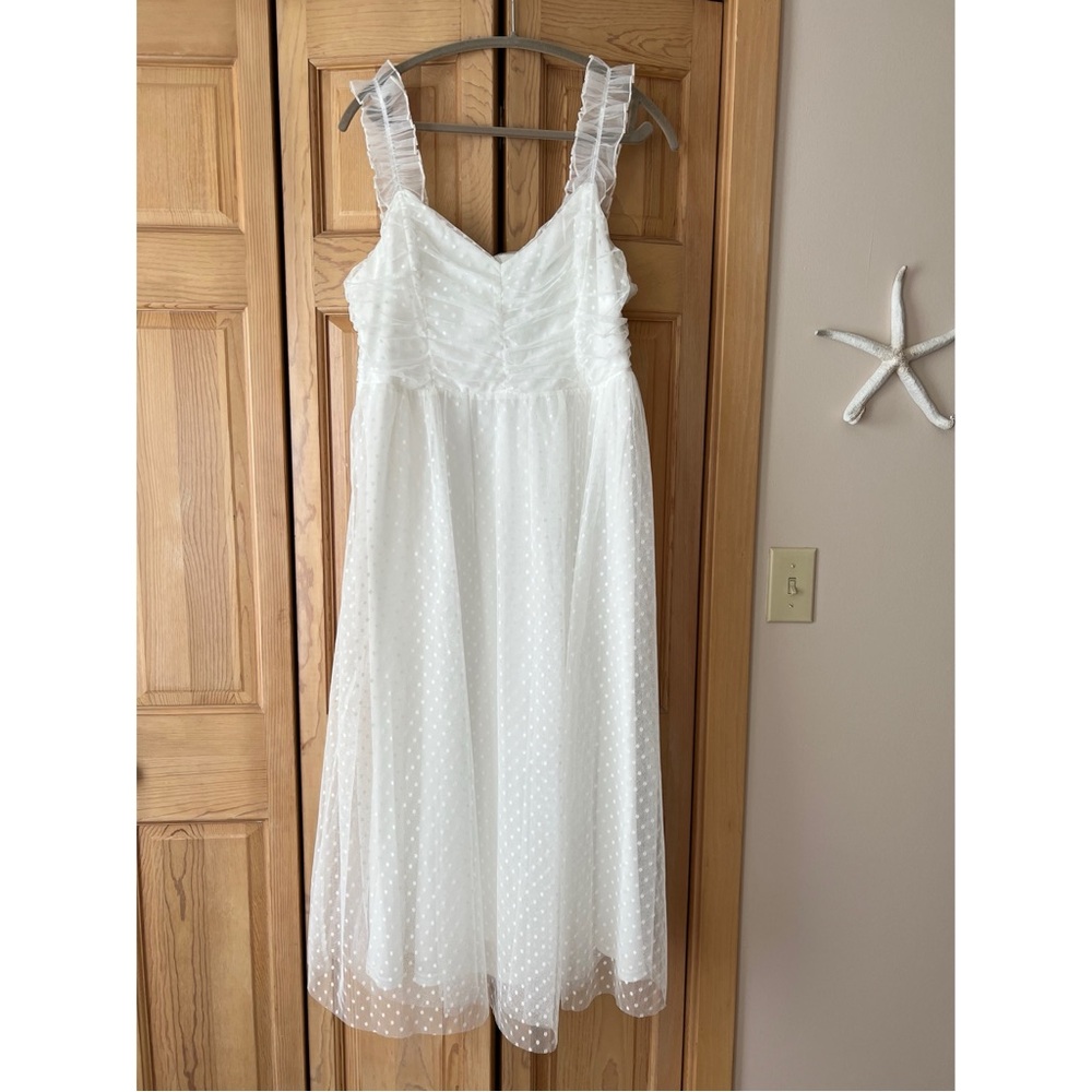 SOLD | Lulus Forever Celebrated White Swiss Dot Ruched Tulle Midi Dress